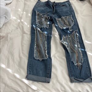 Fashion Nova Distressed Chain-Embellished Jeans